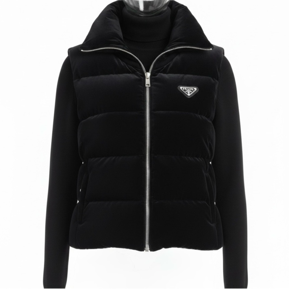 Premium Velvet Quilted Puffer Vest Black High-Neck Zip Down Coat Size Medium